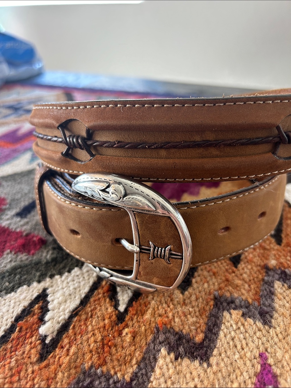 Justin Men’s Fenced In Western  Leather Belt with Decorative Silver Buckle